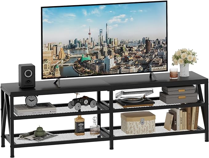 TV Stand for TV up to 70 Inch, Long 63" TV Cabinet with 3-Tier Storage Shelves,Entertainment Center TV Console Table for Living Room with Industrial TV Metal Frame, Black Oak - LeafyLoom
