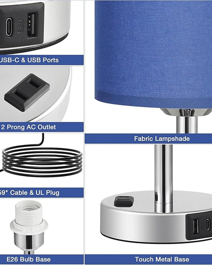Innqoo Navy Blue Nightstand Lamps Set of 2-3 Way Dimmable Bedside Lamp with USB C and A Ports and Outlets, Modern Lamps for Bedrooms Set of 2 with Silver Base, Small Table Lamps for Boys Kids - LeafyLoom