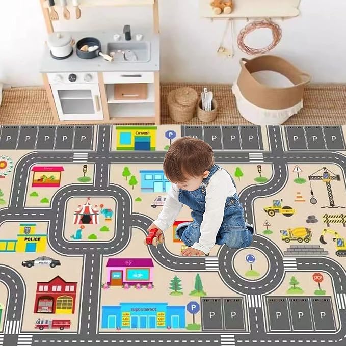Kids Rug Play Mat for Toy Cars,City Life Road Traffic Educational Carpet,Have Fun Throw Rug,Non-Slip Nursery Rug for Boy and Girl Bedroom 90×150cm/35×59in - LeafyLoom