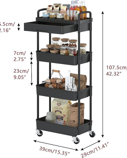 4-Tier Rolling Cart，Trolley with Drawer, Kitchen Storage Organizer with Plastic Shelf & Metal Wheels, Storage Cart for Living Room, Kitchen, Office, Bathroom, Black - LeafyLoom