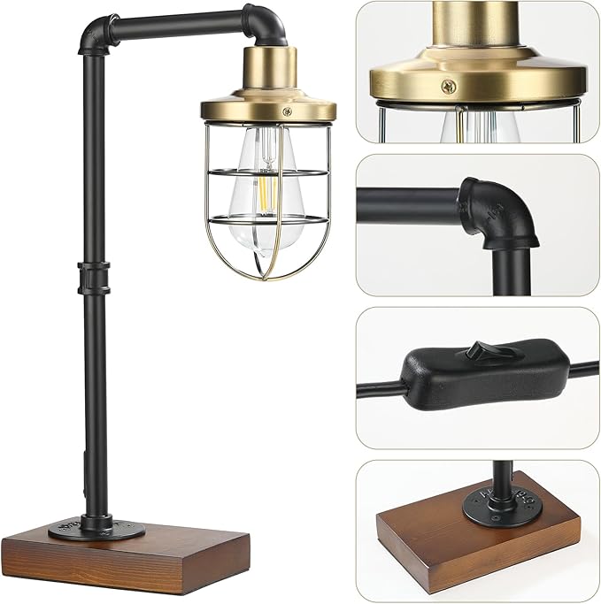CONCA steampunk table lamp, industrial table lamp,E26 Base Rustic Edison Lighting, cage shade table lamp (B-Black+Bronze) - LeafyLoom