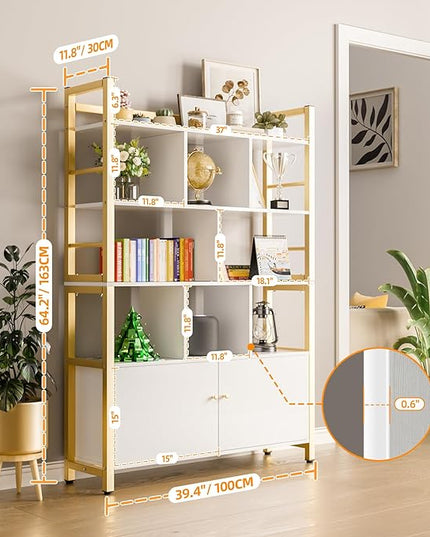 Gold and White Bookshelf with Doors, 4 Tier 39.4in Wide Heavy Duty Bookshelves with Cabinet Storage, Large Book Shelf 64.2" H x 39.4" W x 11.8" D Office Shelving, Wood & Metal Bookcase Living Room - LeafyLoom