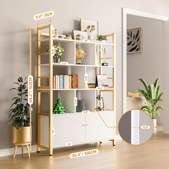 Gold and White Bookshelf with Doors, 4 Tier 39.4in Wide Heavy Duty Bookshelves with Cabinet Storage, Large Book Shelf 64.2" H x 39.4" W x 11.8" D Office Shelving, Wood & Metal Bookcase Living Room - LeafyLoom