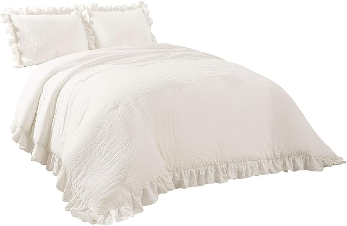 Lush Decor Reyna Ruffle Comforter Set - 3 Piece Cozy Ruffled Bedding Set - Timeless Elegance and Comfort for Bedroom - California King, White - LeafyLoom