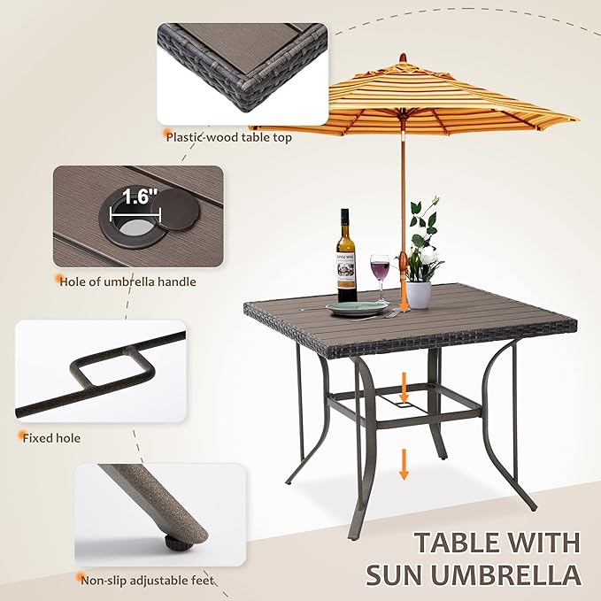 Patio Dining Set for 4, 5PCS Patio Table & Chair Set,Plastic-Wood Table Top with 1.6" Umbrella Hole, All-Weather Wicker Patio Dining Furniture with Removable Cushions for Deck, Lawn, Garden(Beige) - LeafyLoom