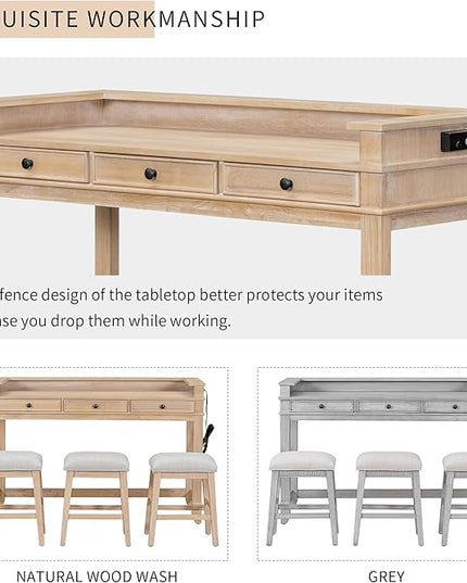 Retro Upholstered Stools, Multifunctional 3 Drawers, Easy Assembly and Clean, Room, Kitchen, Bar, 4 Piece Dining Table Set, Natural Wood Wash 12 - LeafyLoom