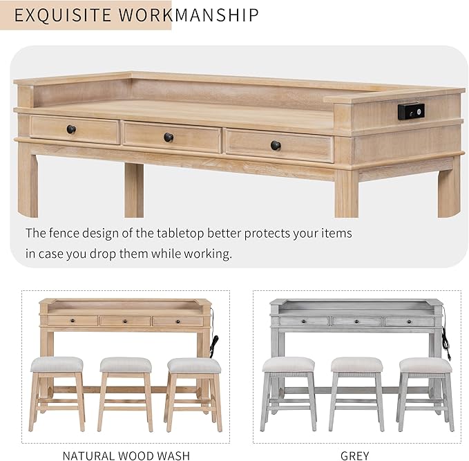 Retro Upholstered Stools, Multifunctional 3 Drawers, Easy Assembly and Clean, Room, Kitchen, Bar, 4 Piece Dining Table Set, Natural Wood Wash 12 - LeafyLoom