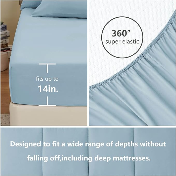 CozyLux Full Size Comforter Sets - 7 Pieces Bed in a Bag Set Light Blue, Bedding Sets Full with All Season Quilted Comforter, Flat Sheet, Fitted Sheet, Pillowcases, Light Blue, Full - LeafyLoom