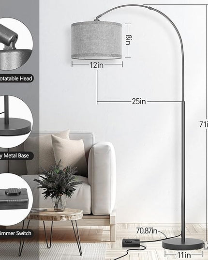 Arc Floor Lamp with Dimmer, Dimmable Floor Lamp for Living Room, Modern Standing Lamp with Gray Adjustable Hanging Shade, Tall Pole Lamp Reading Light for Bedroom, Over Couch, 9W LED Bulb Included - LeafyLoom