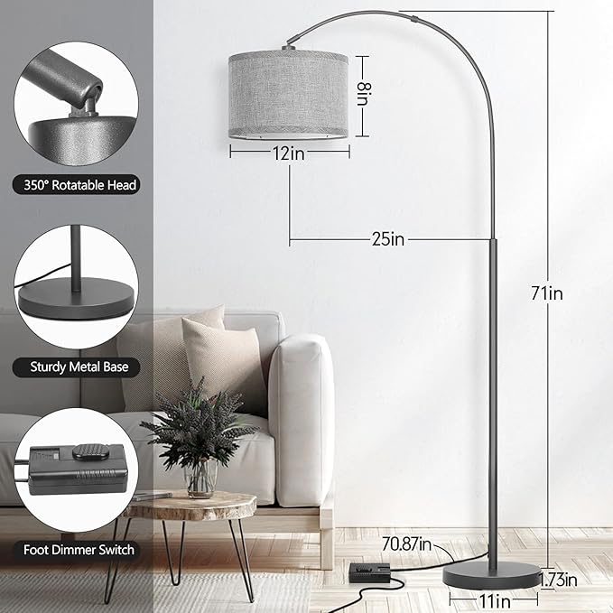 Arc Floor Lamp with Dimmer, Dimmable Floor Lamp for Living Room, Modern Standing Lamp with Gray Adjustable Hanging Shade, Tall Pole Lamp Reading Light for Bedroom, Over Couch, 9W LED Bulb Included - LeafyLoom
