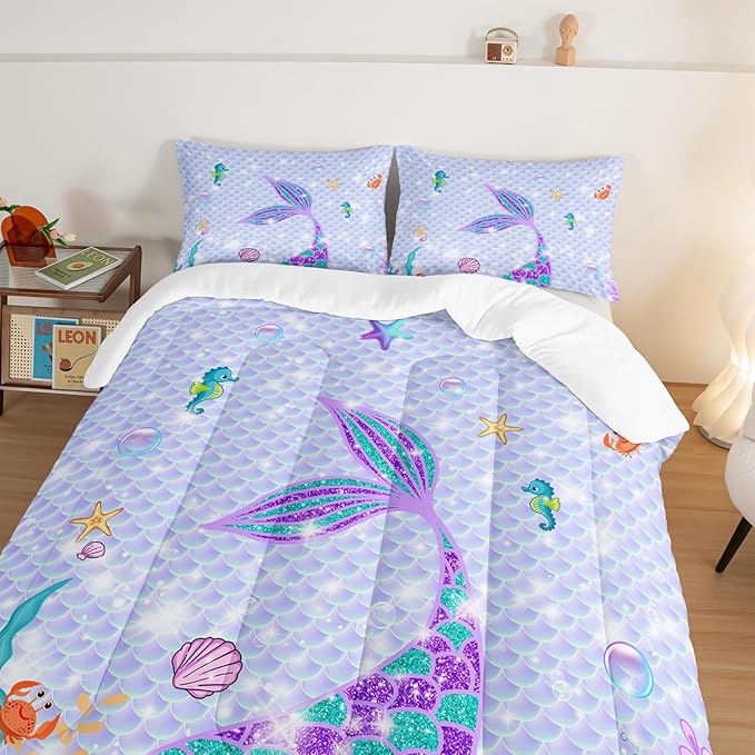 HOSIMA Mermaid Tail Comforter Set 3Pcs with 2 Pillowcases,Purple Fish Scales Bedding Set Cartoon Ocean Life Sea Animal Twin Comforter Set for Girls Kids Women,Mermaid Room Decor - LeafyLoom