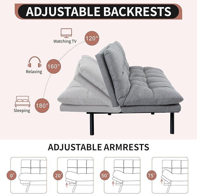 MUUEGM Futon Sofa Bed Convertible Memory Foam Sleeper Couch,Modern Loveseat for Living Room,Small Compact Space,Dorm,Office,Adjustable Armrests Backrest Sofabed, Linen Light Grey - LeafyLoom