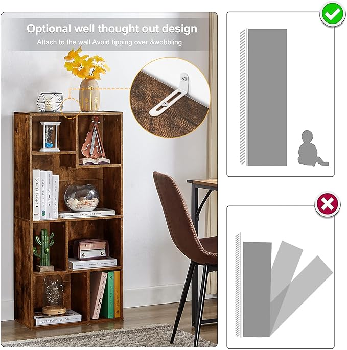 VECELO 42 Inch High Bookcase, 4-Tier Modern Storage Cabinet with Height Difference Shelves for Standard Textbooks, Floor Standing, 7 Cubes, Horizontal Available, Easy Assembly, Rustic Brown - LeafyLoom