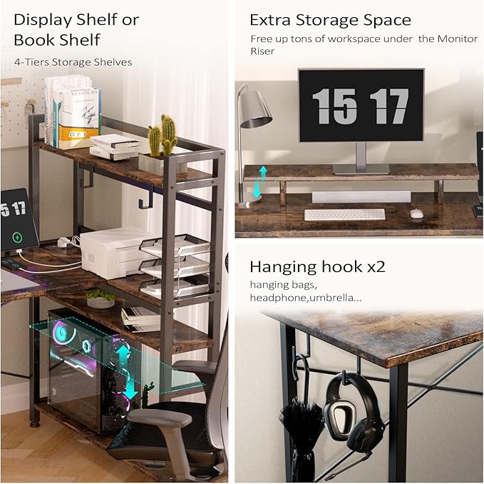 COMHOMA Gaming L Shaped Computer Desk, 55" Home Office Desk with Shelves, L Shape Computer Corner Desk with Charging Port, Gaming Table Power Outlet Build in, LED Writing Desk with Monitor Stand Brown - LeafyLoom