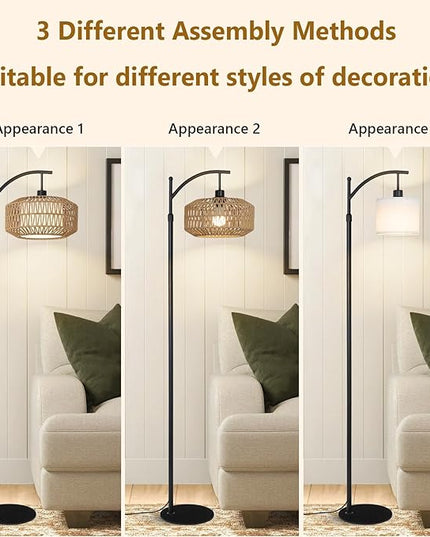 Arc Floor Lamps for Living Room, Dimmable Rattan Floor Lamp with Remote & LED Bulb, Mid Century Modern Standing Lamp with Double Shades, Boho Farmhouse Tall Pole Lamps for Bedroom Office - LeafyLoom