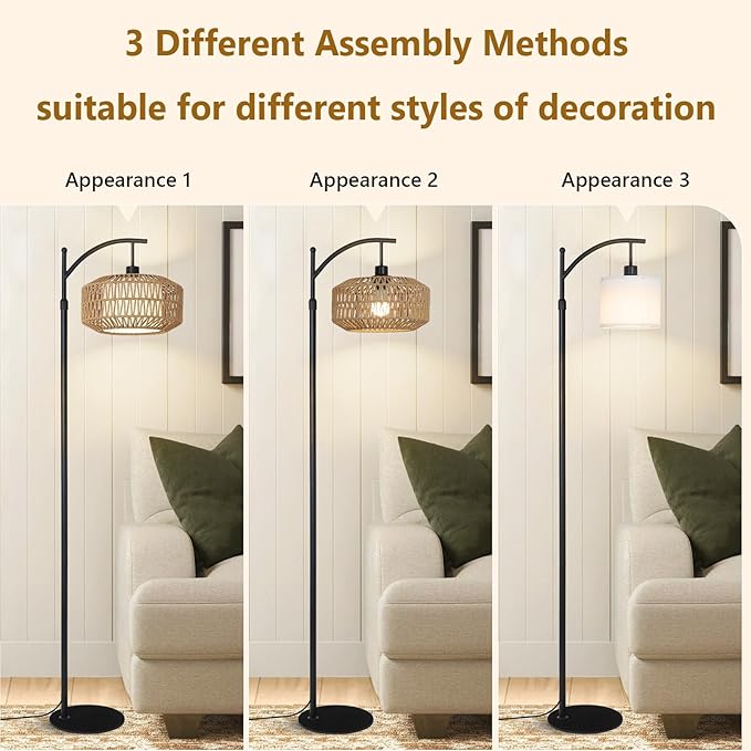 Arc Floor Lamps for Living Room, Dimmable Rattan Floor Lamp with Remote & LED Bulb, Mid Century Modern Standing Lamp with Double Shades, Boho Farmhouse Tall Pole Lamps for Bedroom Office - LeafyLoom
