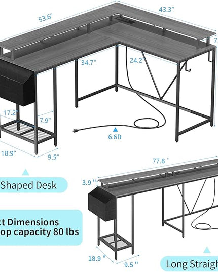 L Shaped Gaming Desk with Power Outlets & LED Lights, Computer Desk with Monitor Stand & Storage Shelf, Home Office Desk Corner Desk with Hooks, Easy to Assemble, Grey - LeafyLoom