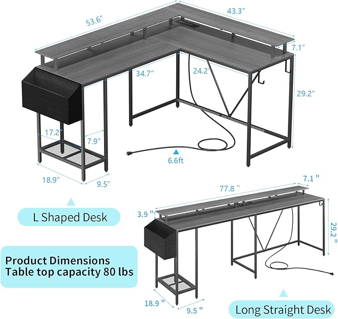 L Shaped Gaming Desk with Power Outlets & LED Lights, Computer Desk with Monitor Stand & Storage Shelf, Home Office Desk Corner Desk with Hooks, Easy to Assemble, Grey - LeafyLoom