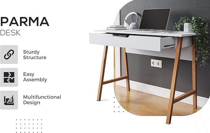 PARMA 42 Inch Modern Desk - Home & Office Small Computer Desk with Wide Drawer - Wooden Study Writing Minimalist Desk with Storage for Small Space, Bedroom & Workstations - Student Desk/Table (White) - LeafyLoom