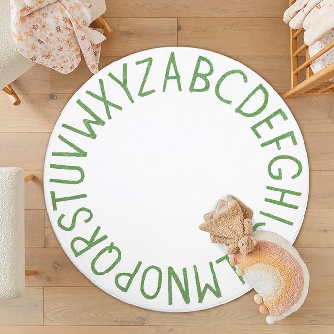 Topotdor Round Kids Play Rug Alphabet Nursery Area Rug Extra Large Soft Crawling Play Mat for Children Toddlers Bedroom (47 inch, Green/White) - LeafyLoom