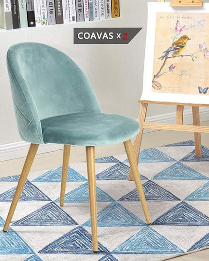 FurnitureR Upholstered Velvet Dining Chair Mid Back Armless with Wood Legs for Home Kitchen Bedroom Living Room, Set of 2, Aqua - LeafyLoom