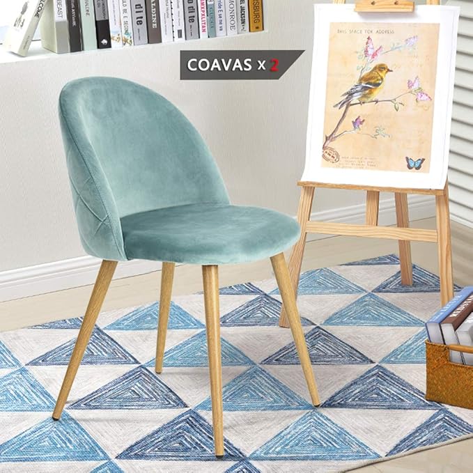 FurnitureR Upholstered Velvet Dining Chair Mid Back Armless with Wood Legs for Home Kitchen Bedroom Living Room, Set of 2, Aqua - LeafyLoom