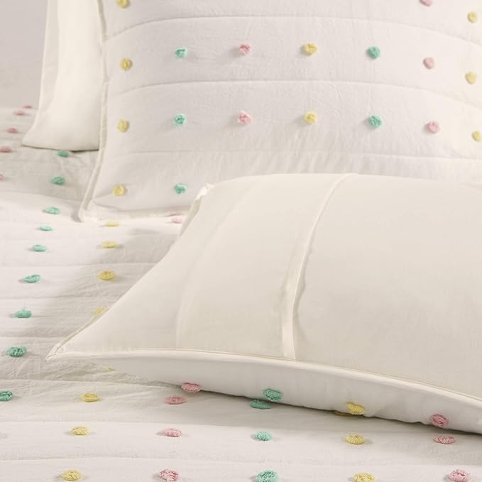 Quilt Set Cotton Jacquard Weave Colorful Poms Accent All Season Shabby Chic Bedding Coverlet Bedspred, Girls Bedroom Décor, Full Queen, Multi 5 Piece - LeafyLoom
