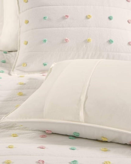 Quilt Set Cotton Jacquard Weave Colorful Poms Accent All Season Shabby Chic Bedding Coverlet Bedspred, Girls Bedroom Décor, Twin, Multi 4 Piece XL - LeafyLoom