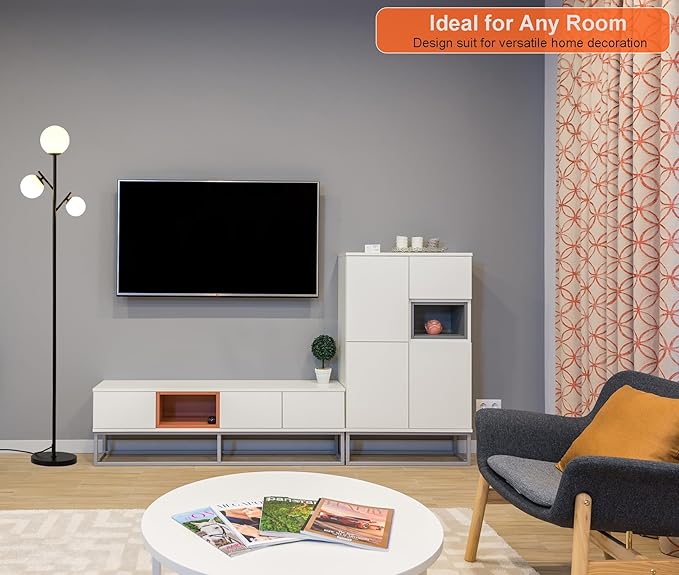 3 Globe Modern Black Floor Lamp, Mid Century Contemporary Standing Lamp with Sphere Frosted Glass Shade and Warm White LED Bulbs, LED Tall Pole Tree Lamp for Living Room, Bedroom, Hotel - LeafyLoom