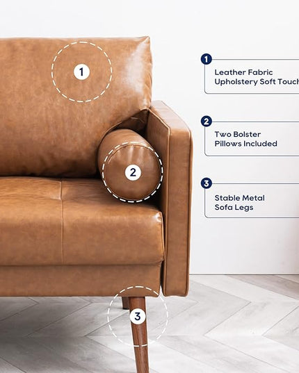 Vonanda Faux Leather Sofa Couch, Mid-Century 73 Inch 3 Seater Leather Couch with Hand-Stitched Comfort Cushion and Bolster Pillows for Living Room,Elegant Cognac Tan - LeafyLoom