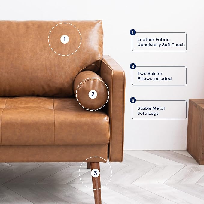 Vonanda Faux Leather Sofa Couch, Mid-Century 73 Inch 3 Seater Leather Couch with Hand-Stitched Comfort Cushion and Bolster Pillows for Living Room,Elegant Cognac Tan - LeafyLoom