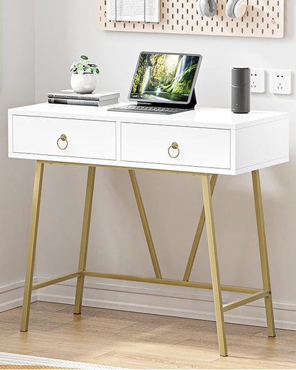 Anmytek Modern Home Office Desk, 35.4 Inch Makeup Vanity Table White Study Desk 2 Drawers Writing Desk Computer Desk with Golden Legs, D0002 - LeafyLoom