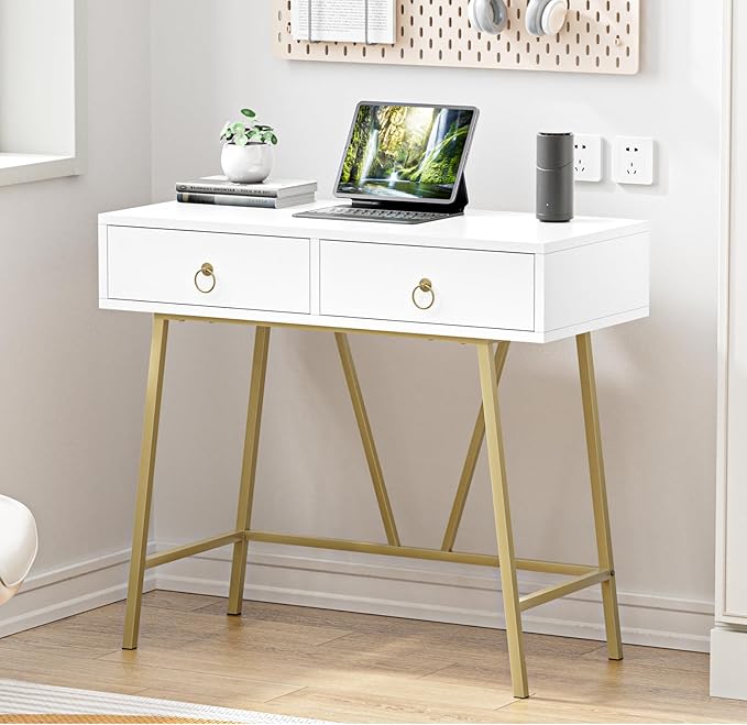Anmytek Modern Home Office Desk, 35.4 Inch Makeup Vanity Table White Study Desk 2 Drawers Writing Desk Computer Desk with Golden Legs, D0002 - LeafyLoom