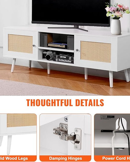 VEVOR Rattan TV Stand for 65 inch TV, Boho TV Stand with Rattan Door, Entertainment Center with Build-in Socket and USB Ports, Modern TV Console for Living Room, Media Room, White - LeafyLoom