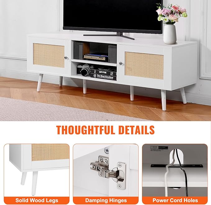 VEVOR Rattan TV Stand for 65 inch TV, Boho TV Stand with Rattan Door, Entertainment Center with Build-in Socket and USB Ports, Modern TV Console for Living Room, Media Room, White - LeafyLoom