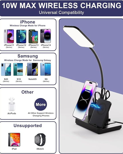 Sailstar Desk Lamp with Wireless Charger USB Charging Port, LED Desk Lamps for Home Office, 800LM 3 Lighting Modes Dimmable Pen Holder 360°Gooseneck, Eye-Caring Desk Light for College Dorm Room, Black - LeafyLoom