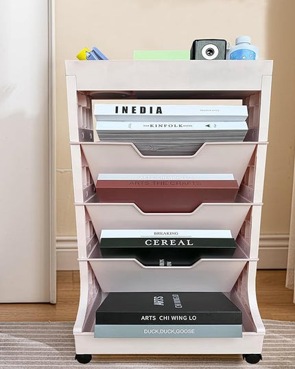 5-Tier Bookshelf, Book Storage Organization with Wheels Mobile Rolling Book Cart for Study in Bedroom School Office, Pink - LeafyLoom