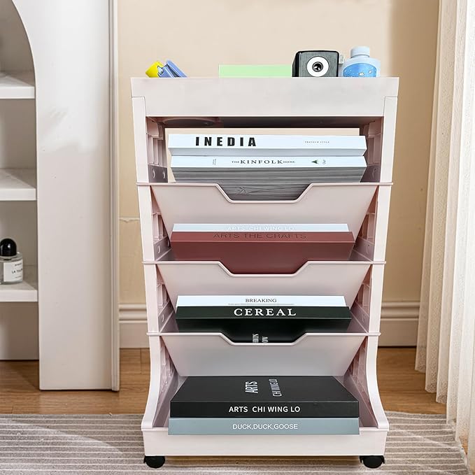 5-Tier Bookshelf, Book Storage Organization with Wheels Mobile Rolling Book Cart for Study in Bedroom School Office, Pink - LeafyLoom