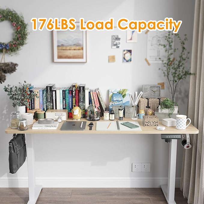 STARY Electric Adjustable Height Sit Stand Home Office Desk with Splice Board, 55x24, Castin Oak Desktop/White Frame - LeafyLoom