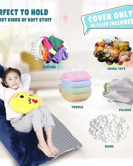 Stuffed Animal Storage Bean Bag Chair Cover, Velvet Canvas Blue Denim Plush Toy Storage Stuff and Sit Seat for Kids/Teens/Adults, 52" x 31" Extra Large Triangle Sofa, 200L/52Gal, Cover Only - LeafyLoom