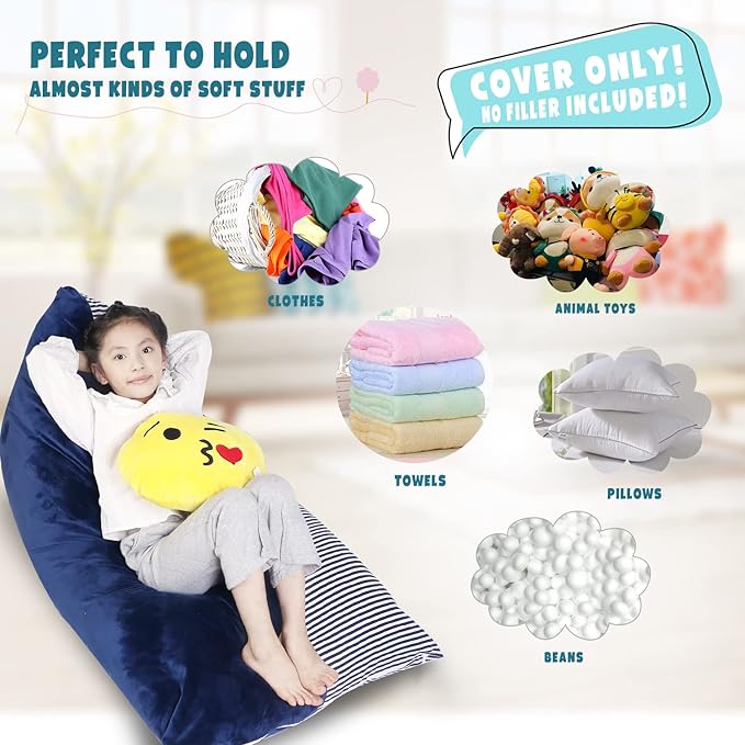 Stuffed Animal Storage Bean Bag Chair Cover, Velvet Canvas Blue Denim Plush Toy Storage Stuff and Sit Seat for Kids/Teens/Adults, 52" x 31" Extra Large Triangle Sofa, 200L/52Gal, Cover Only - LeafyLoom