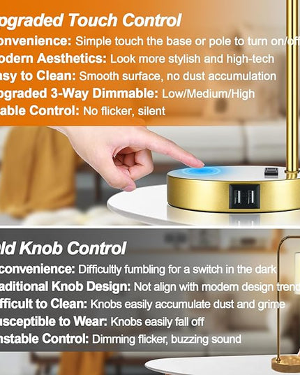 Industrial Touch Control Table Lamps Set of 2 - Gold Nightstand Bedside Lamps with 2 USB Ports & AC Outlet, 3-Way Dimmable Desk Lamp for Bedroom Living Room, Glass Shade & 2 LED Bulbs Included - LeafyLoom