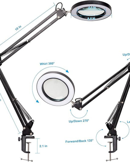 8X Magnifying Glass with Light, 3 Color Modes Stepless Dimmable 8-Diopter Real Glass Lens Magnifier with Light Desk Lamp Clamp Swivel Arm for Crafts Workbench - LeafyLoom