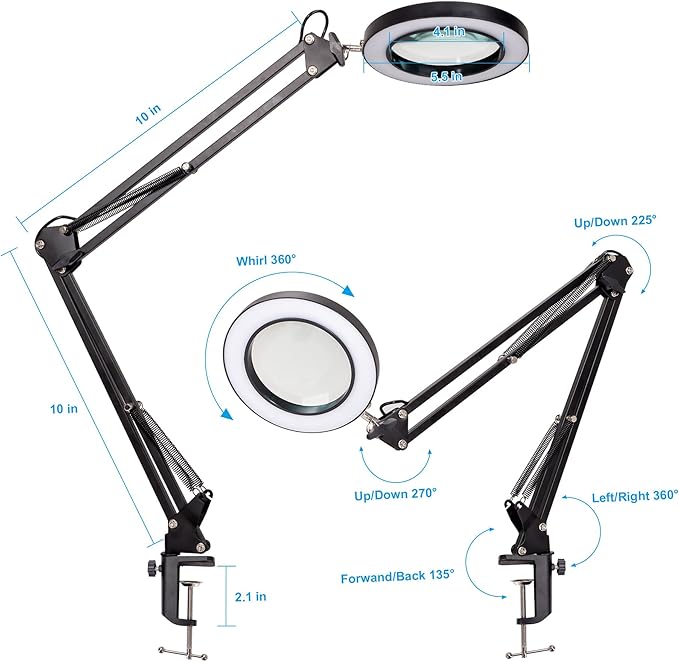 8X Magnifying Glass with Light, 3 Color Modes Stepless Dimmable 8-Diopter Real Glass Lens Magnifier with Light Desk Lamp Clamp Swivel Arm for Crafts Workbench - LeafyLoom