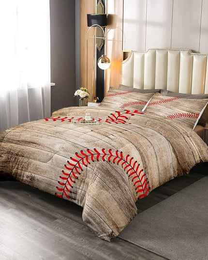 Erosebridal Baseball Bedding Set for Kids Boys Teens Full,Sports Games Comforter Set Retro Rustic Wooden Board Quilt Duvet Sets American Baseball Country Down Comforter with 2 Pillow Cases - LeafyLoom