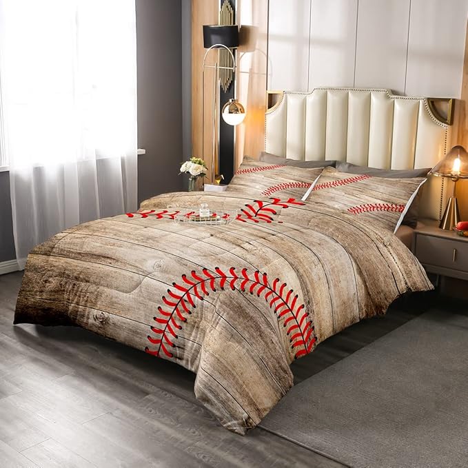 Erosebridal Baseball Bedding Set for Kids Boys Teens Full,Sports Games Comforter Set Retro Rustic Wooden Board Quilt Duvet Sets American Baseball Country Down Comforter with 2 Pillow Cases - LeafyLoom
