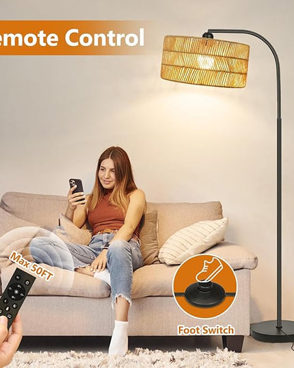 Rattan Floor Lamp- Boho Floor Lamp for Living Room, Rattan Standing Lamps with Dimmable Bulb, Adjustable Rattan Lamp Shades Bohemian Over Couch Lamps for Bedroom, Office - LeafyLoom