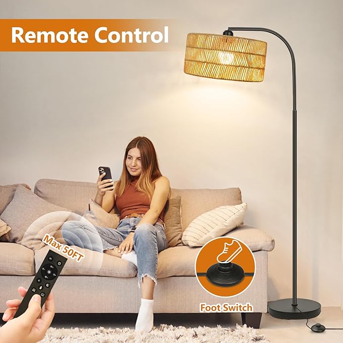 Rattan Floor Lamp- Boho Floor Lamp for Living Room, Rattan Standing Lamps with Dimmable Bulb, Adjustable Rattan Lamp Shades Bohemian Over Couch Lamps for Bedroom, Office - LeafyLoom