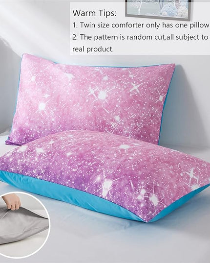 Purple Glitter Comforter Set Full/Queen Size for Girls, Sparkle Galaxy Twinkle for Kids Teen,3 Piece Blue Purple Pink Ombre Pastel Bedding Set 2 Pillow Cases(Purple,Queen),(3-Piece) - LeafyLoom