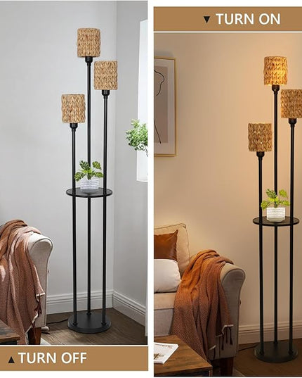 Boho Floor Lamp, 3-Lights Rattan Floor Lamp with Shelves, Farmhouse Floor Lamp with ON/OFF Foot Switch, Rustic Standing Lamp with Rattan Shades, Tall Shelf Floor Lamps for Living Room Bedroom - LeafyLoom